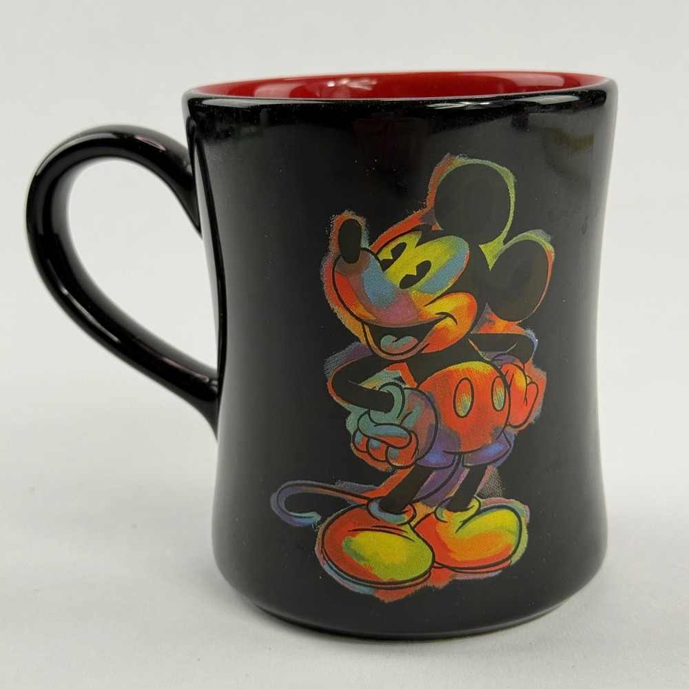 Disney Store Mickey Mouse Rainbow Psychedelic Black Ceramic Coffee Mug Red Insid